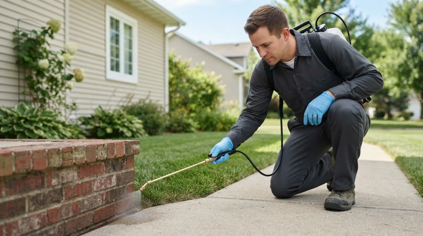 Pest control technician treating a home near New Deal, TX